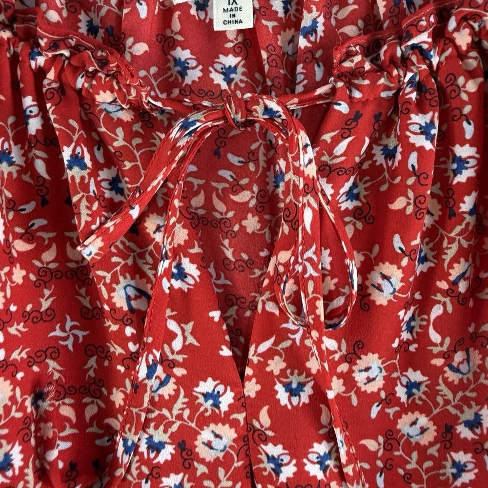 Max Studio Plus 1X Top Red Floral Peasant Blouse Boho Cottagecore Flowy Women's - Picture 4 of 11